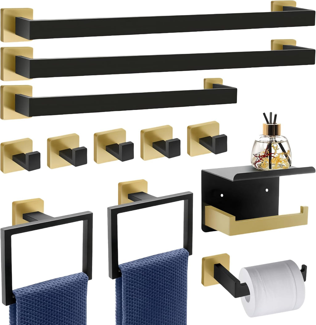 12 Piece Bathroom Hardware Set Black and Gold Square Bathroom Accessories - 2×23 Inch Towel bar, 1×16In Towel bar, 2 × Toilet Paper Holder(1 with Shelf), 2 × Hand Towel Rack and 5 × Towel Hook