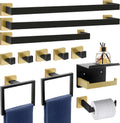 12 Piece Bathroom Hardware Set Black and Gold Square Bathroom Accessories - 2×23 Inch Towel bar, 1×16In Towel bar, 2 × Toilet Paper Holder(1 with Shelf), 2 × Hand Towel Rack and 5 × Towel Hook