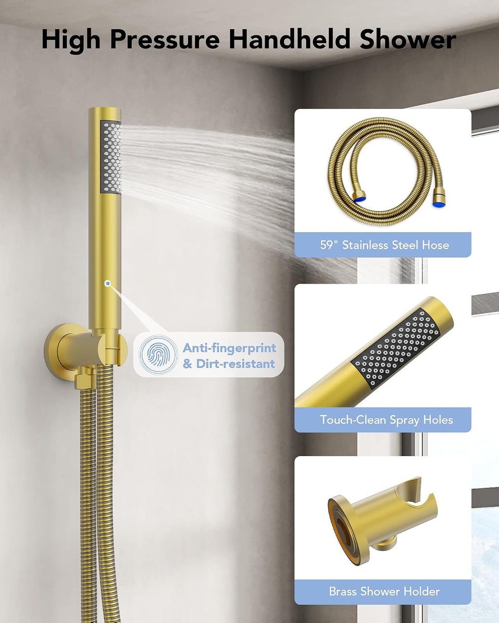 10' High-Pressure Rainfall Shower System with Handheld Spray, Wall Mount Bathroom Shower Faucet Set (Brushed Gold)
