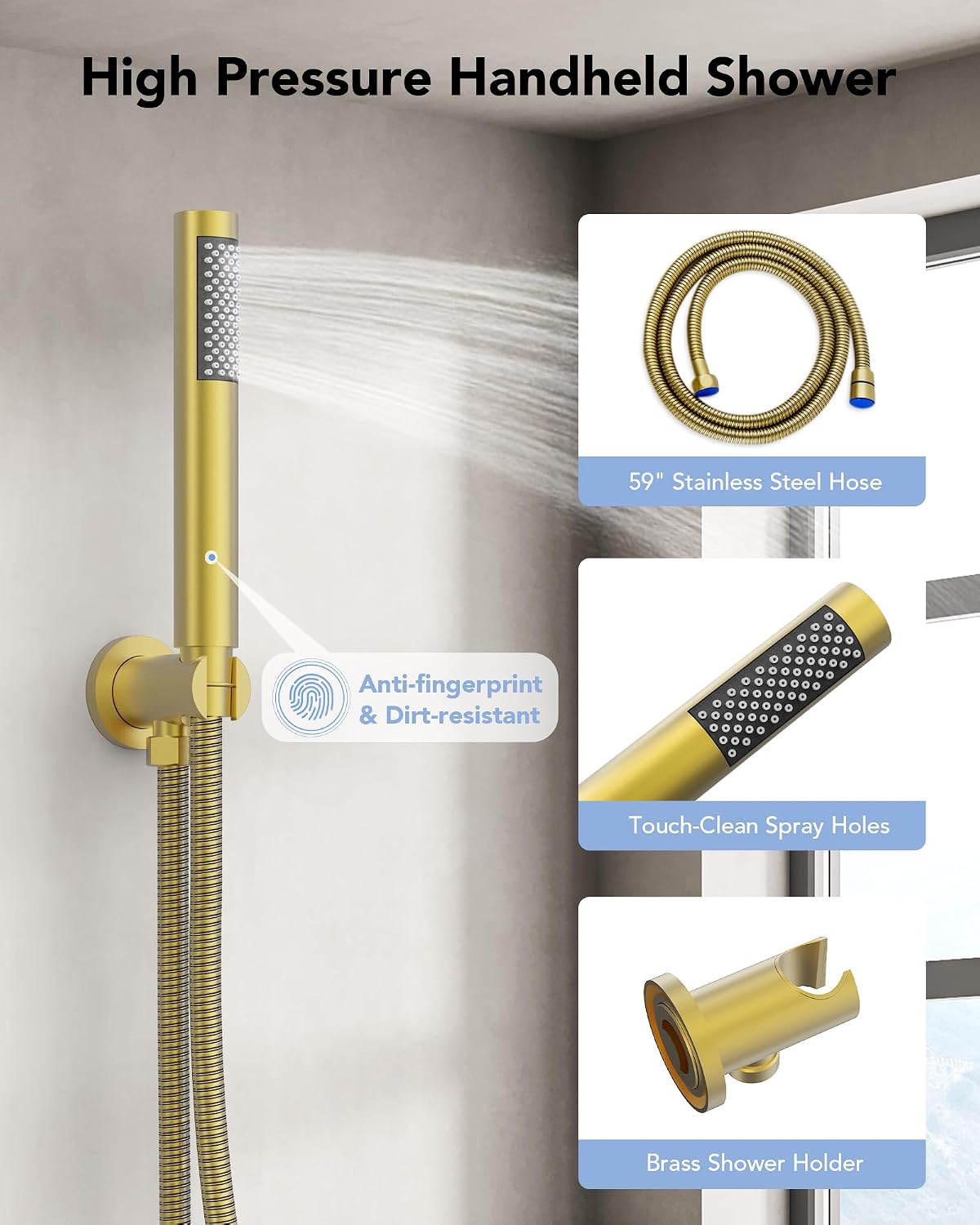 10' High-Pressure Rainfall Shower System with Handheld Spray, Wall Mount Bathroom Shower Faucet Set (Brushed Gold)