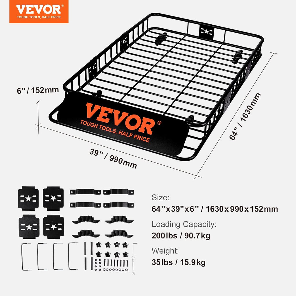 VEVOR Roof Rack Cargo Basket, 64' x 39' x 6' Rooftop Cargo Carrier with Extension, Heavy-Duty Steel 200 LBS Capacity Universal Roof Rack Basket, Luggage Holder for SUV, Truck