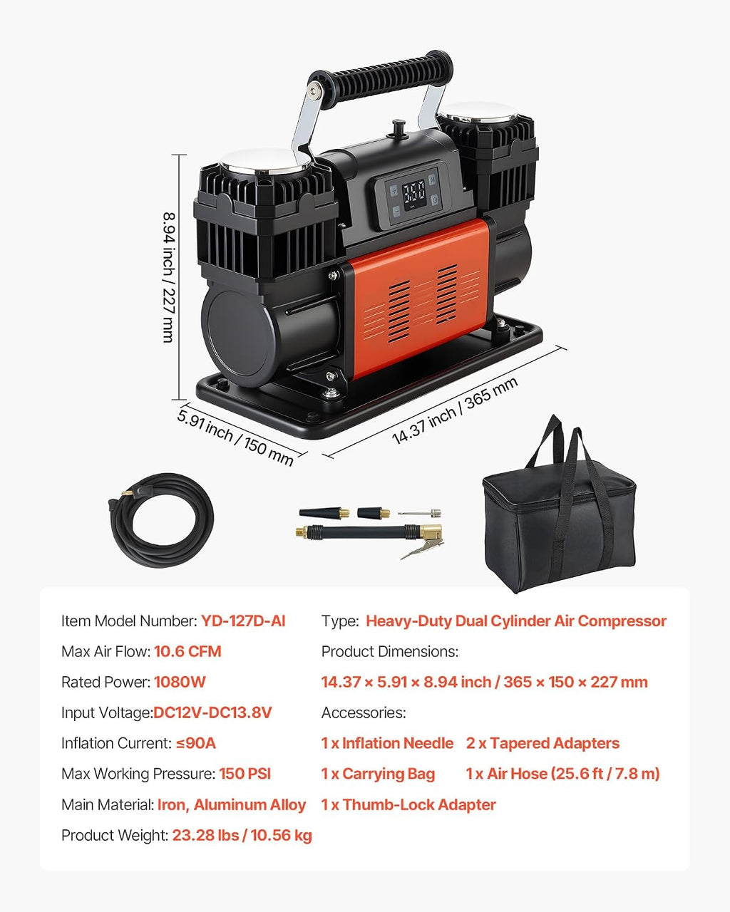 VEVOR Dual-Cylinder Heavy Duty Air Compressor, 10.6CFM Auto-Stop Portable Tire Inflator, 12V 150PSI Offroad Air Pump with LCD Digital Display & Adapters for Truck Car SUV 4 x 4 Vehicle RV