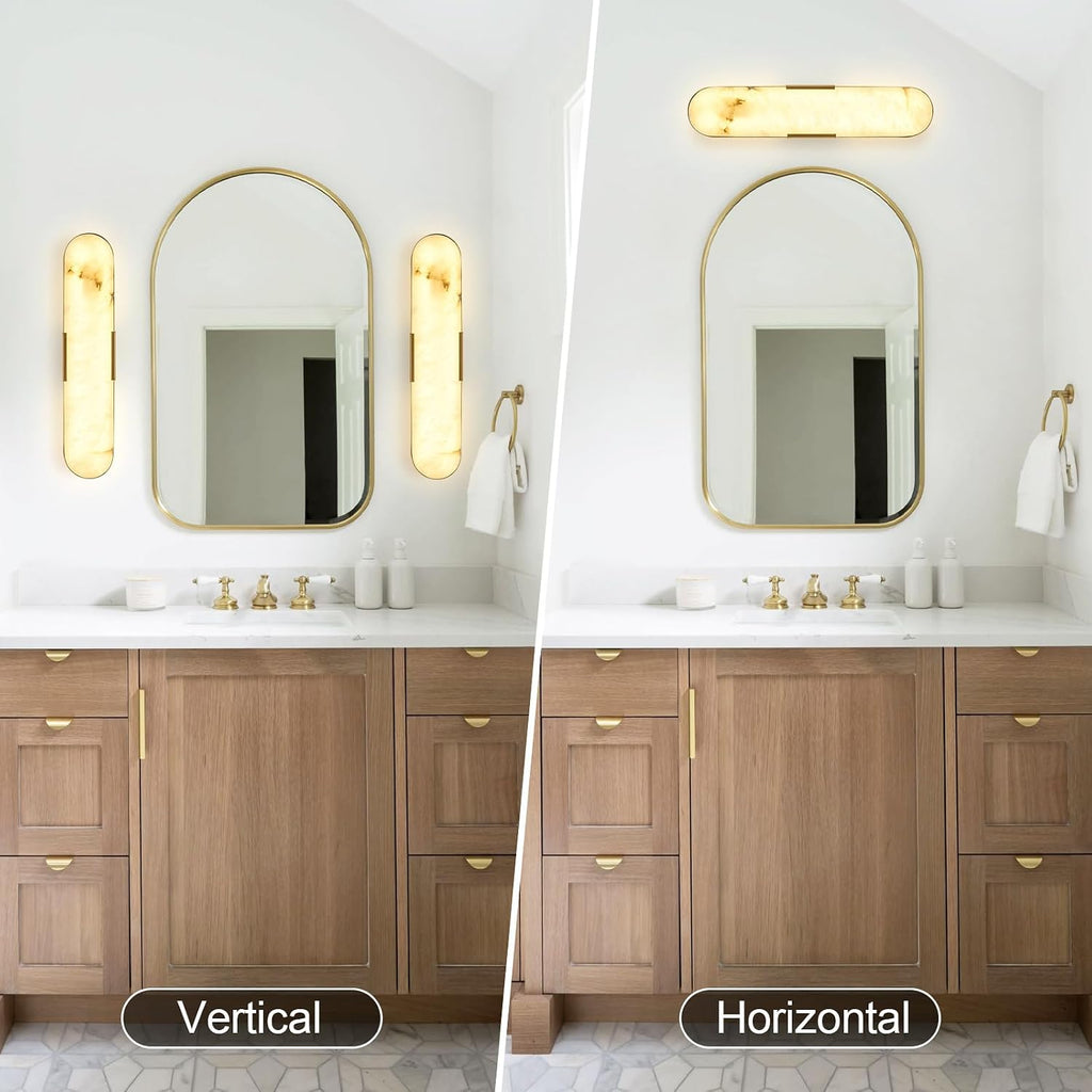 20' Gold Alabaster Wall Sconce, Brass Vintage Natural Marble Wall Light, LED Tunable 3000K-6000K Vanity Wall Lamp Fixture for Bathroom Bedroom Hallway Living Room