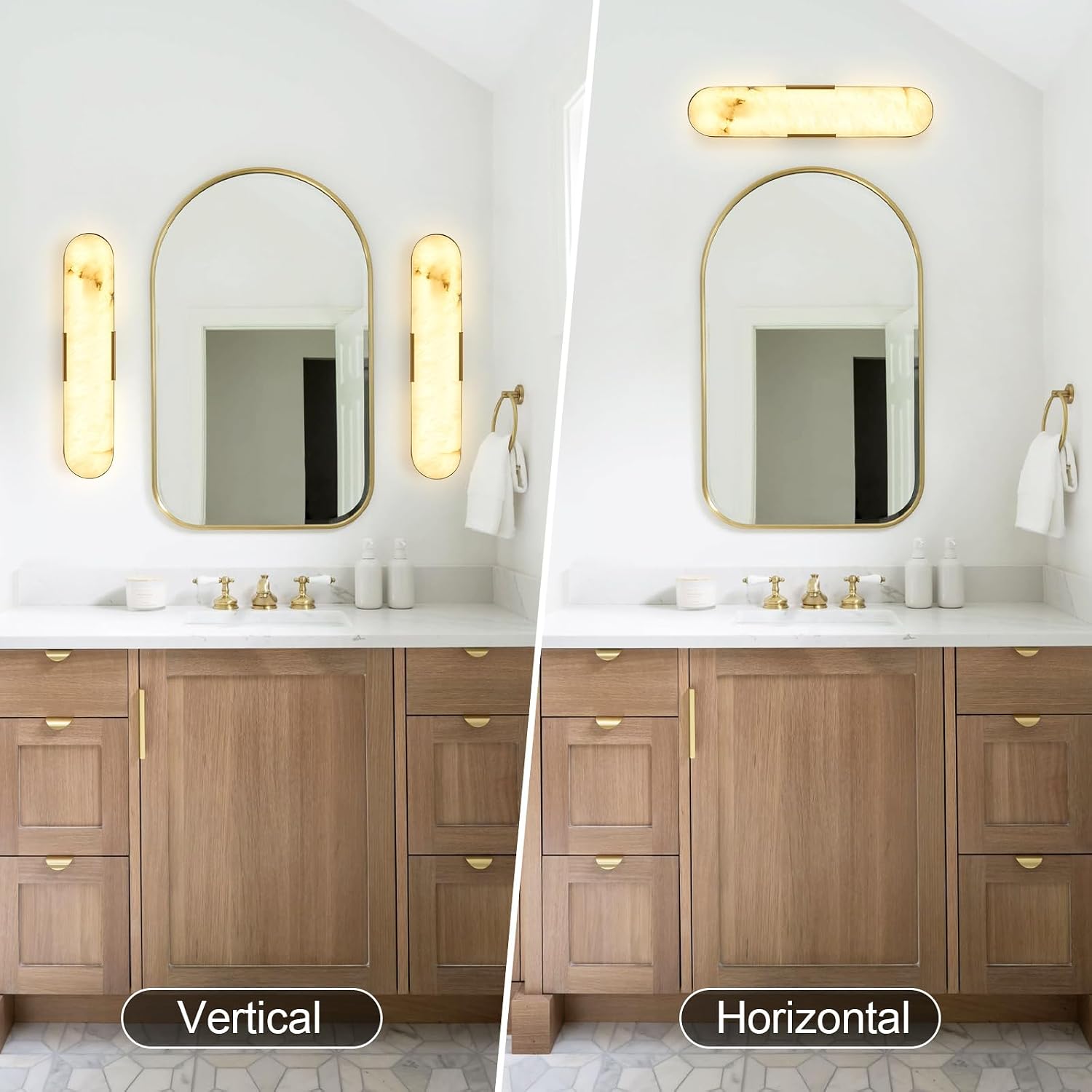 20' Gold Alabaster Wall Sconce, Brass Vintage Natural Marble Wall Light, LED Tunable 3000K-6000K Vanity Wall Lamp Fixture for Bathroom Bedroom Hallway Living Room