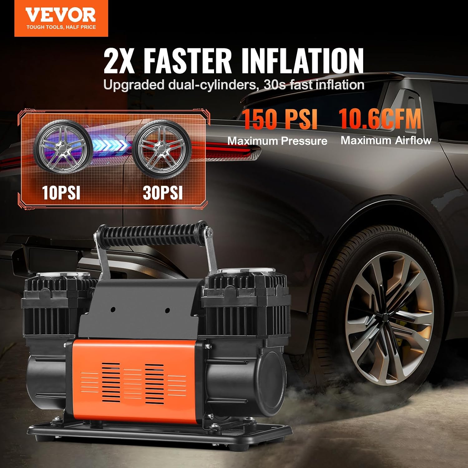 VEVOR 10.6 CFM Heavy Duty Air Compressor, 30s Fast Inflation | Dual-Cylinder Portable Tire Inflator, 12V 150PSI Offroad Air Pump with Adapters for Trucks Car SUV 4 x 4 Vehicle RV