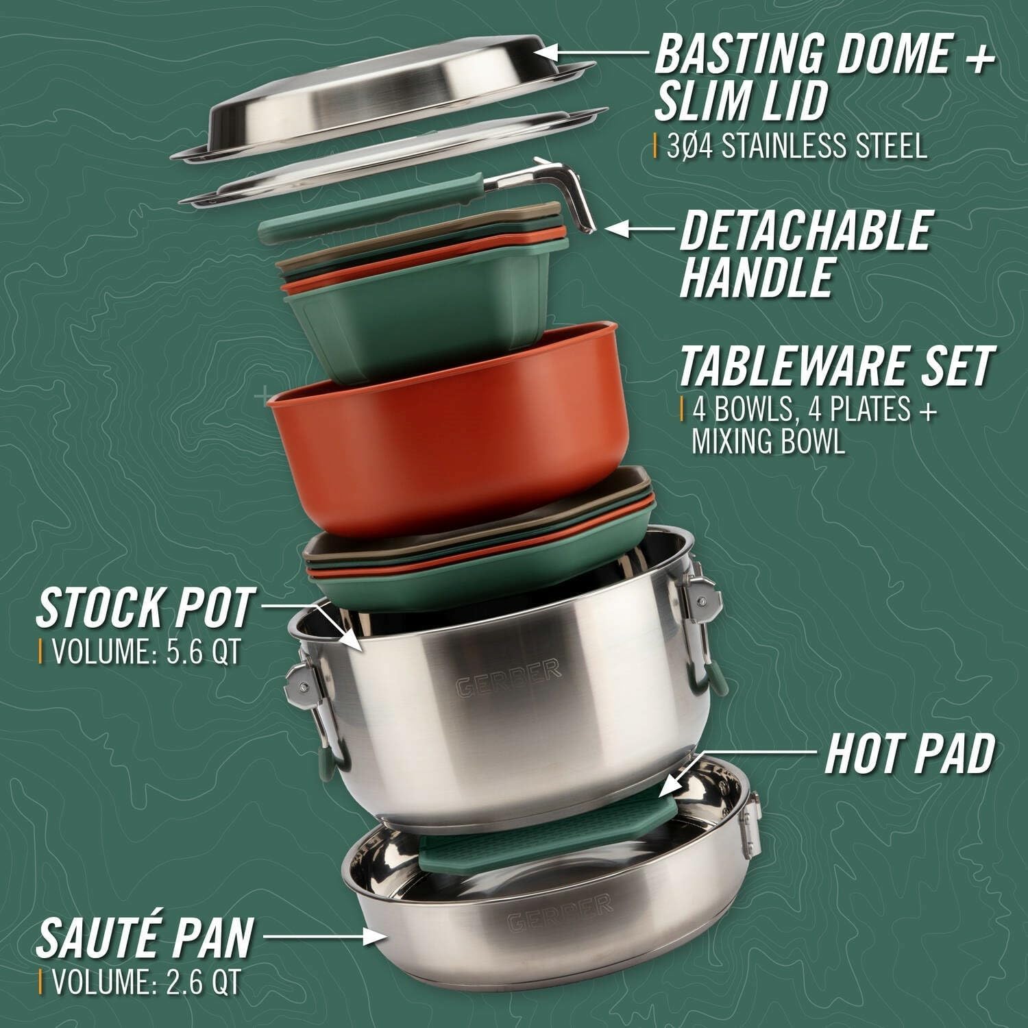 Gerber Gear ComplEAT Cook Set - Dishwasher-Safe Camping Cookware for Outdoor Cooking - Includes Saute Pan, Stock Pot, 4 Plates, 4 Bowls, Mixing Bowl & More