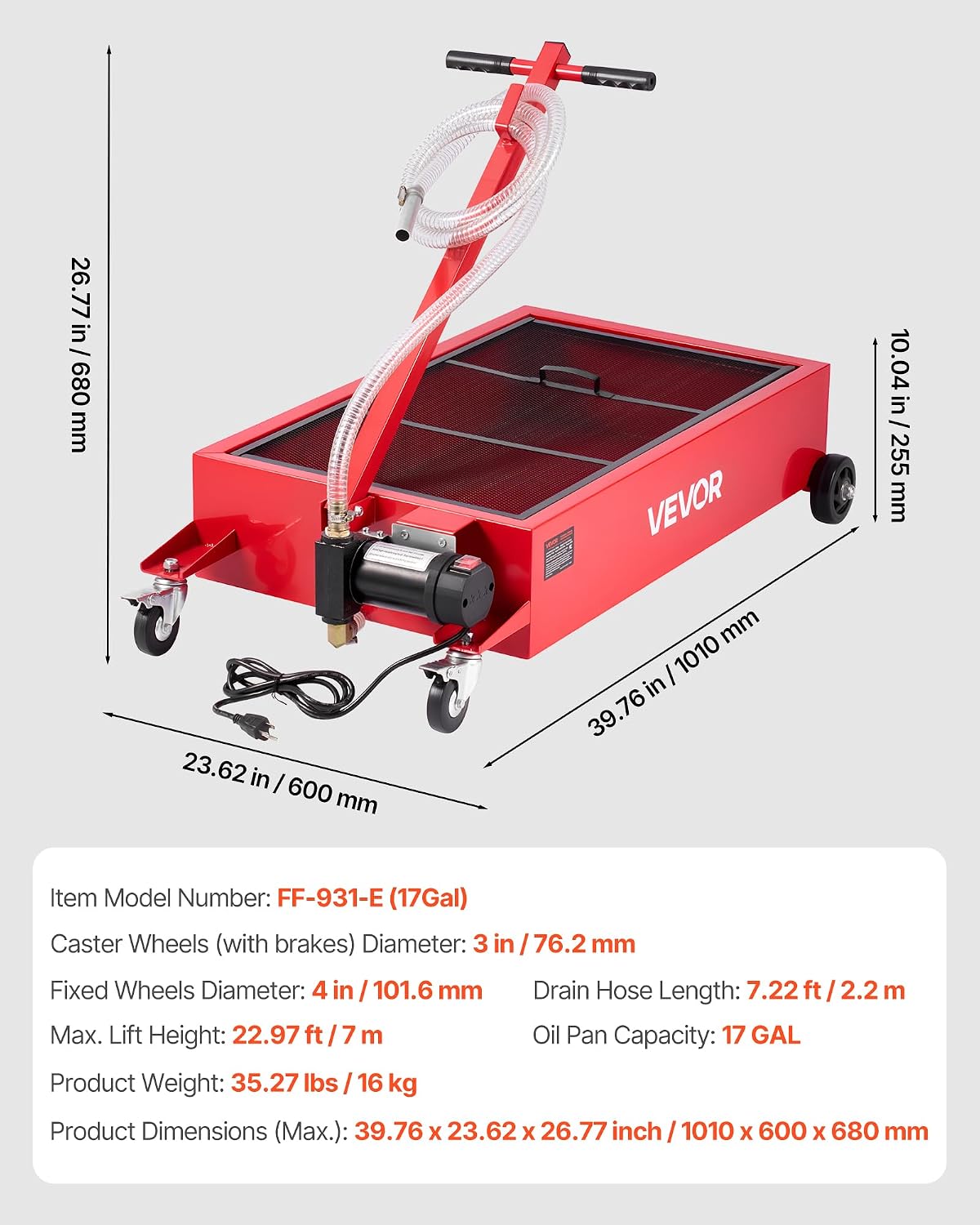 VEVOR Low Profile Oil Drain Pan, 17 Gal Capacity, Rolling Oil Drain Pan with 110V High-Flow Electric Pump, 7.2 ft Hose & T Folding Handle, Leak-Proof & Corrosion-Resistant, Fit for Trucks, ATVs, Red