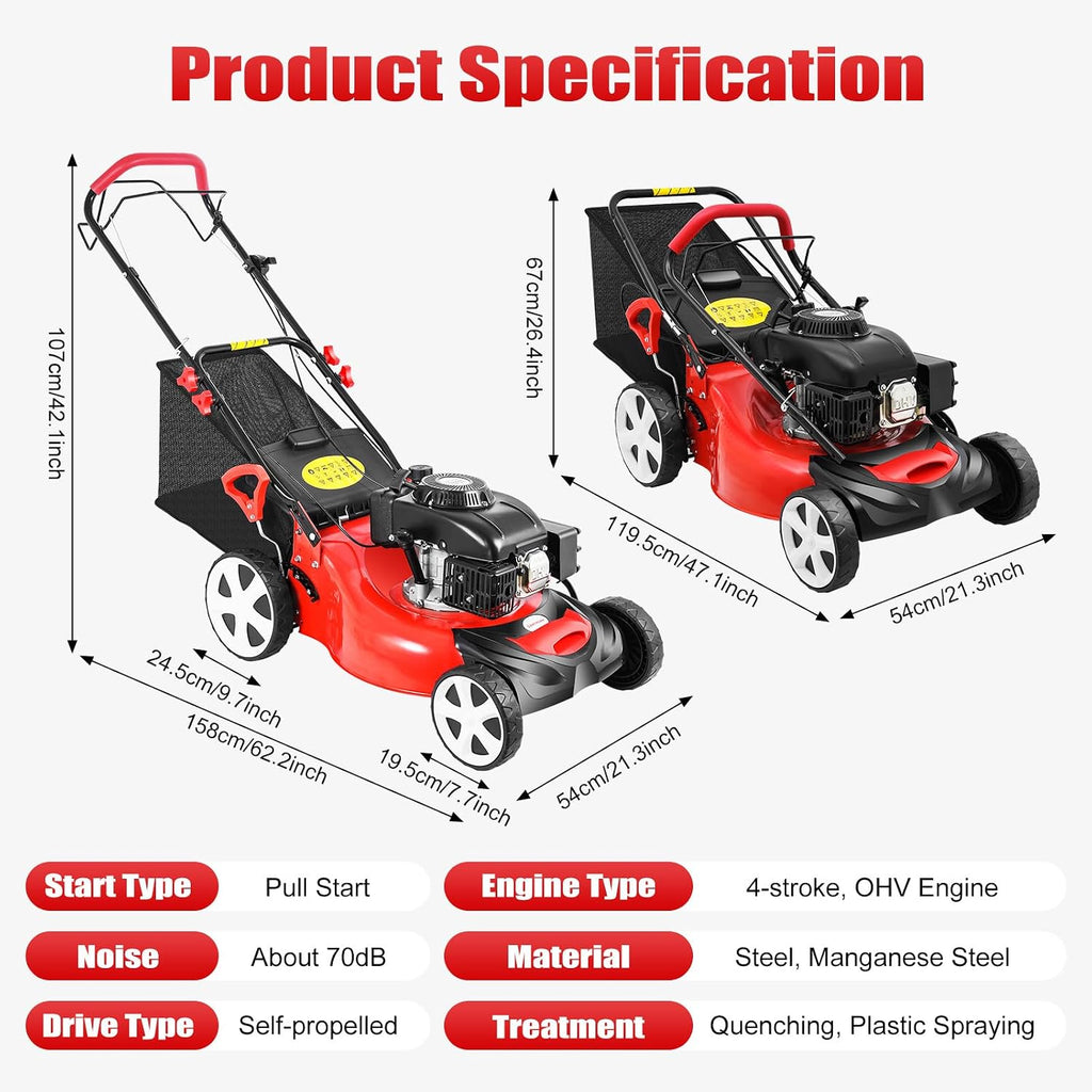 Self Propelled Gas Lawn Mower, 4-Stroke 140CC 5HP OHV Gasoline Lawn Mowers 3-in-1 Multifunctional Push Mowing Single Cylinder Mulching Lawnmower w/8 Gears Height Adjustments for Urban Gardens, Villas