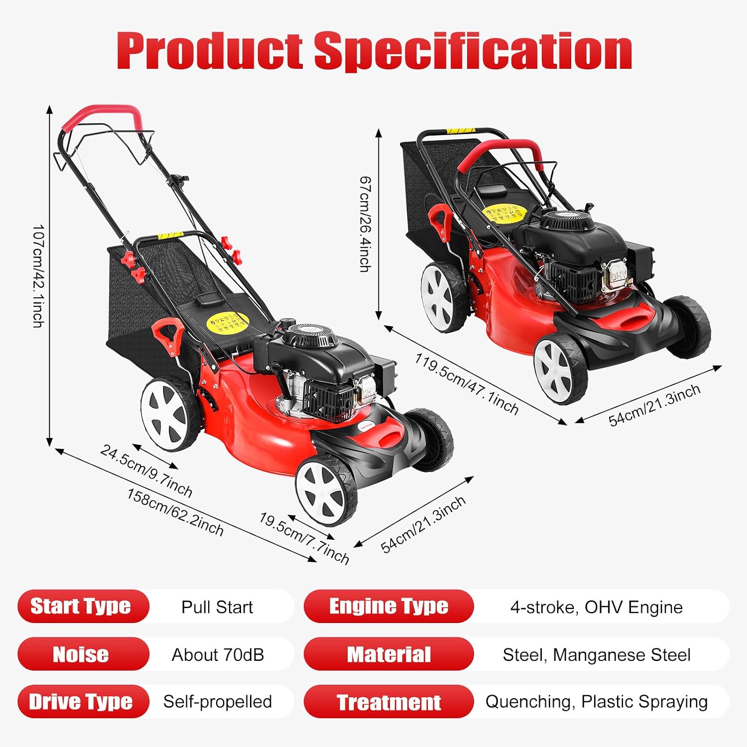Self Propelled Gas Lawn Mower, 4-Stroke 140CC 5HP OHV Gasoline Lawn Mowers 3-in-1 Multifunctional Push Mowing Single Cylinder Mulching Lawnmower w/8 Gears Height Adjustments for Urban Gardens, Villas