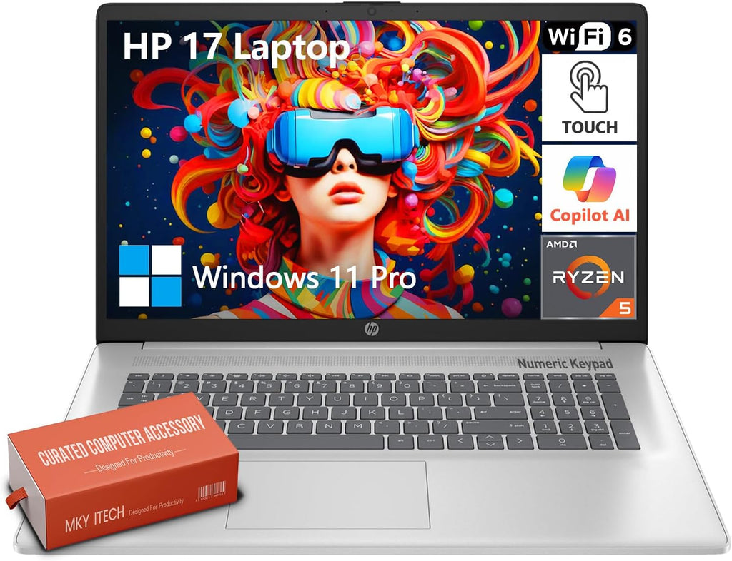 HP 17 Inch Touchscreen Laptop Computer, 17.3' HD+ Touch Screen Business Laptop PC, AMD Ryzen 5 (6-Cores), 16GB RAM 512GB SSD, Windows 11 Pro, 10-Key Number Pad | Copilot Key, Type-C, Wi-Fi 6, Silver