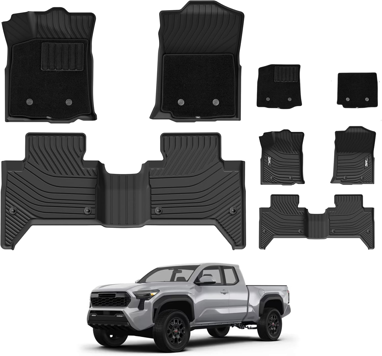 3W Floor Mats with First Row Carpets for Toyota Tacoma 2016-2023, TPE Floor Liner Thickened Carpet with Safety Locks and Driver Heel Pad fit Tacoma Cars Accessory(Only for Double Cab and Automatic)
