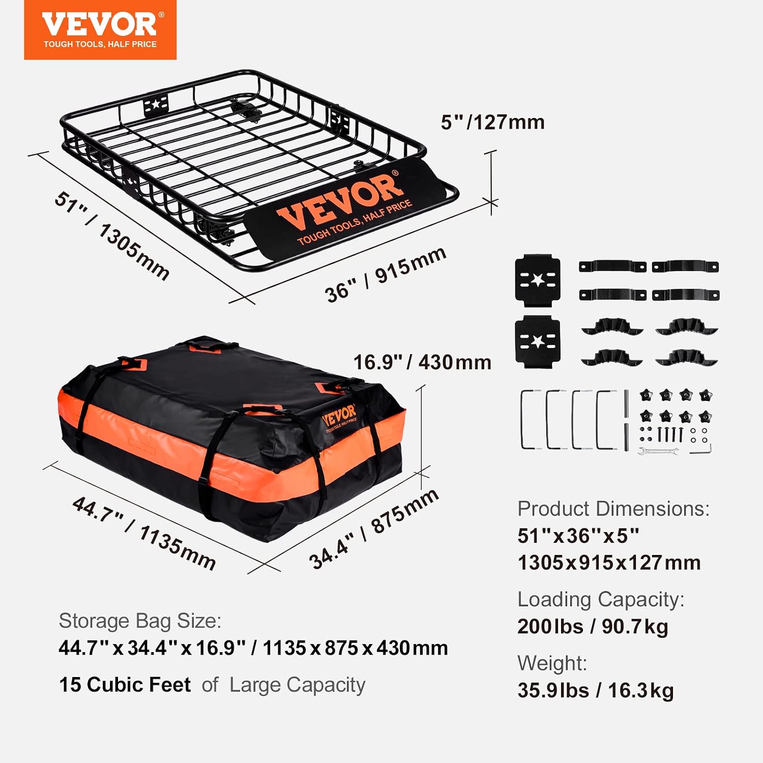 VEVOR Roof Rack Cargo Basket, 51' x 36' x 5' Rooftop Cargo Carrier w/ 15 Cu Ft Waterproof Cargo Bag, 200 LBS Capacity Universal Rack Carrier for SUV, Truck, Pickup