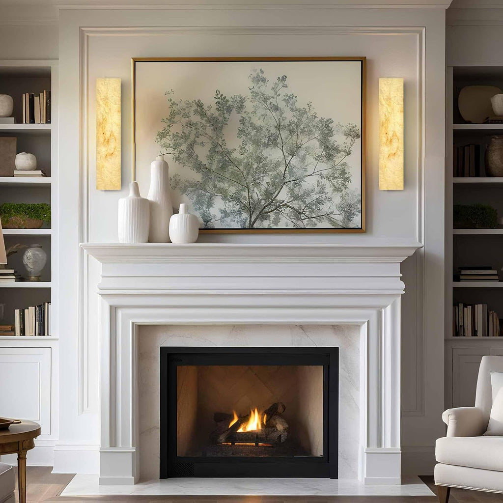 Alabaster Wall Sconces Natural Marble Bathroom Vanity Wall Light Fixture 15.7' Long Marble Wall Sconce Square Alabaster Stone Wall Mount Light Warm Light for Living Room Bedroom Hallway Stairs