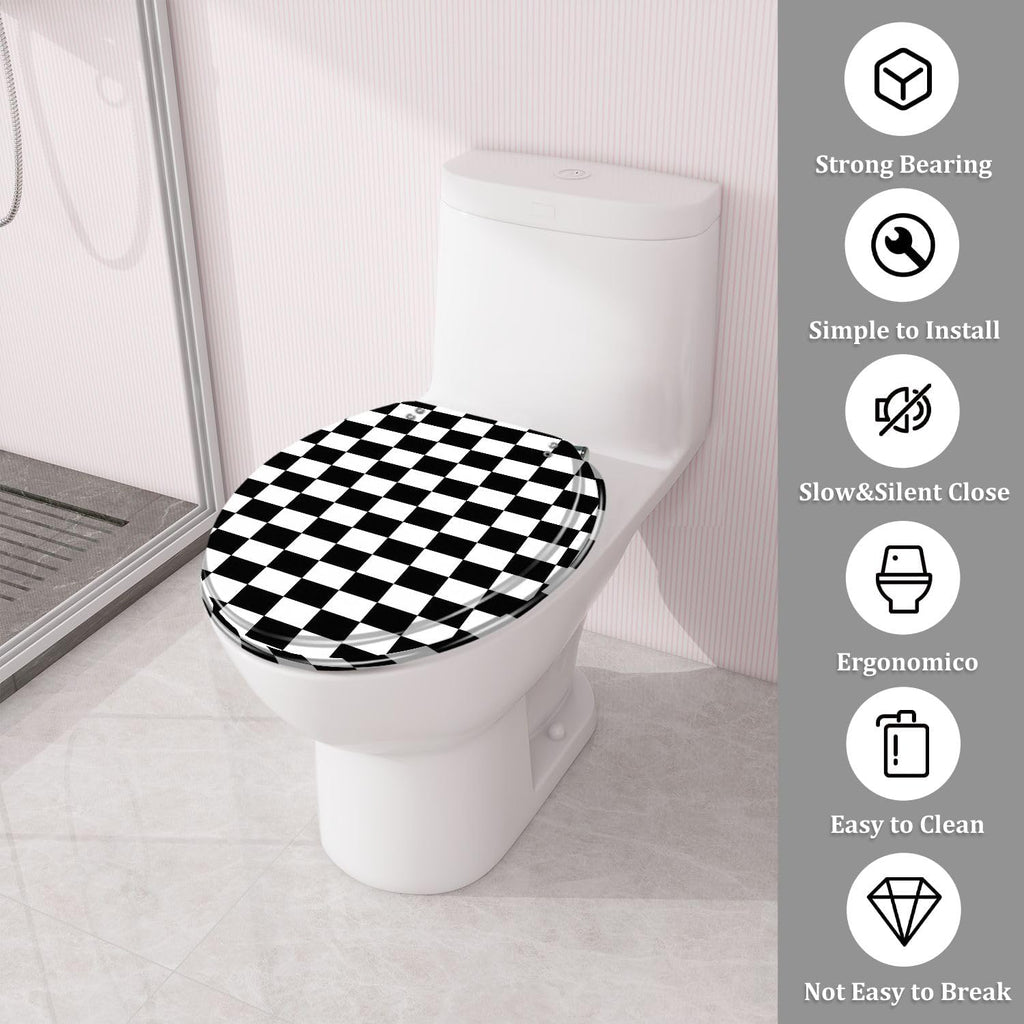 Round Toilet Seat Checkerboard black white for checkers chess featuring square pattern Resin Toilet Seat Quietly Close Quick Release Hinges with Cover Bumpers Decorative Easy to Install Clean