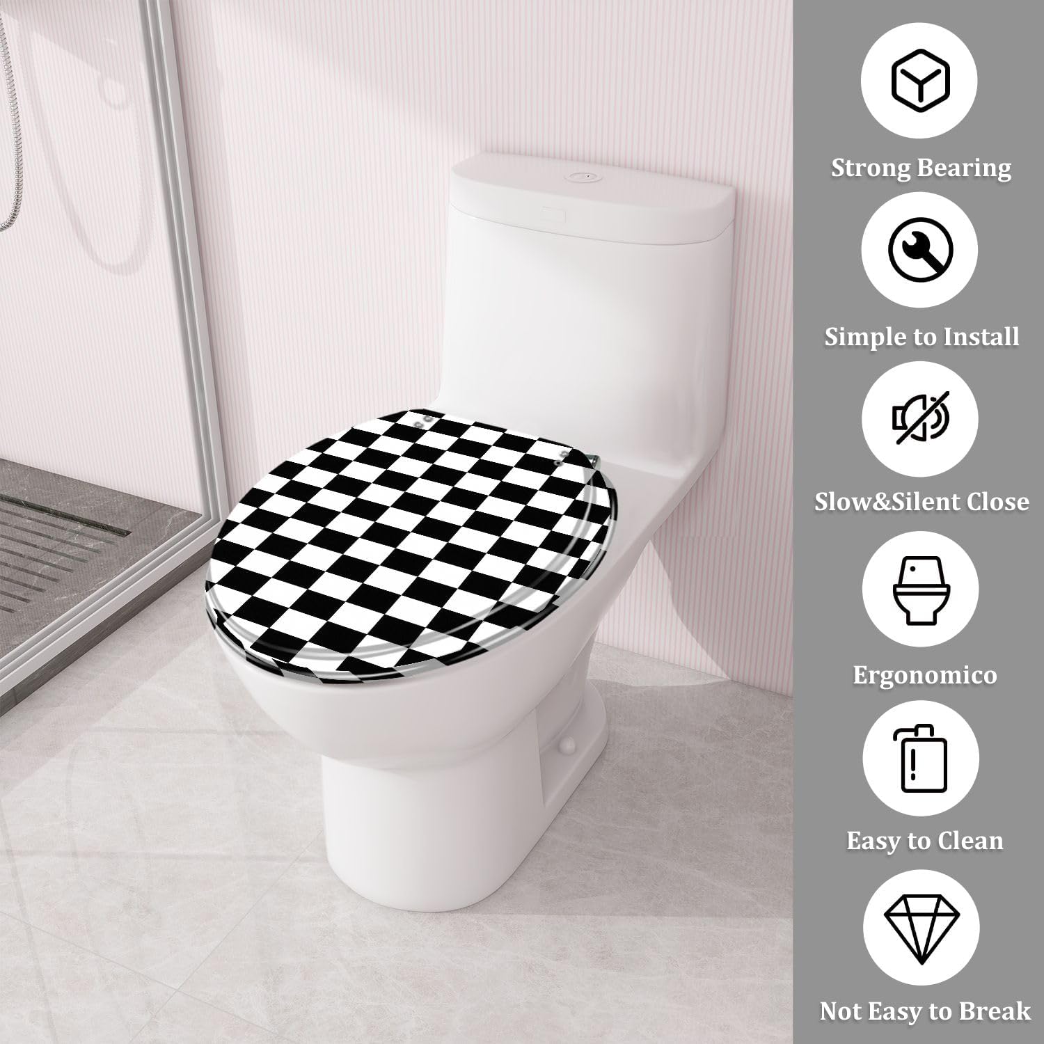 Round Toilet Seat Checkerboard black white for checkers chess featuring square pattern Resin Toilet Seat Quietly Close Quick Release Hinges with Cover Bumpers Decorative Easy to Install Clean