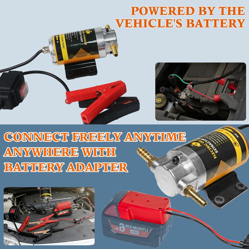 12V/24V 100W Oil Change Pump Set, Fast 1-4L/min Flow Oil Transfer Pump with Red Battery Adapter Compatible with Milwaukee M18 18V Battery, Fluid Transfer for Trucks, Boats, Lawnmowers