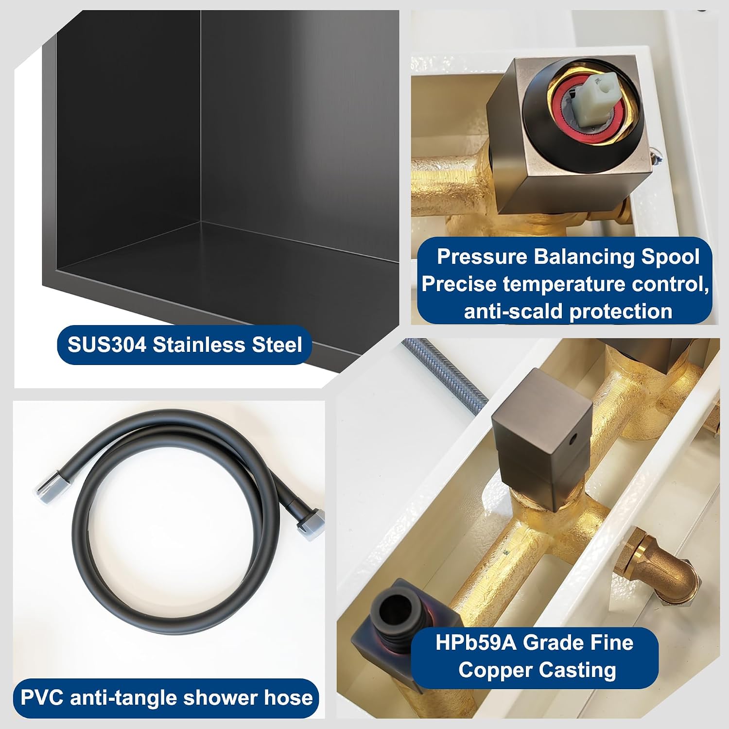 Qeke Integrated Shower Niche with Shower Head and Hand Shower, Stainless Steel Shower Tower System with Led Lights, 2-Tiers No Tile Needed Shower Niche for Bathroom in Gunmetal Black (Golden Shower)