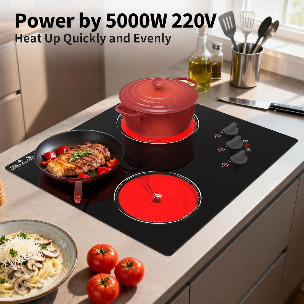 GIHETKUT Electric Cooktop, 220V 5000W Stove Top, 9 Power Levels, Kids Lock & Timer, Hot Surface Indicator, Overheat Protection,knob and touch control 3 Burner Electric cooktop