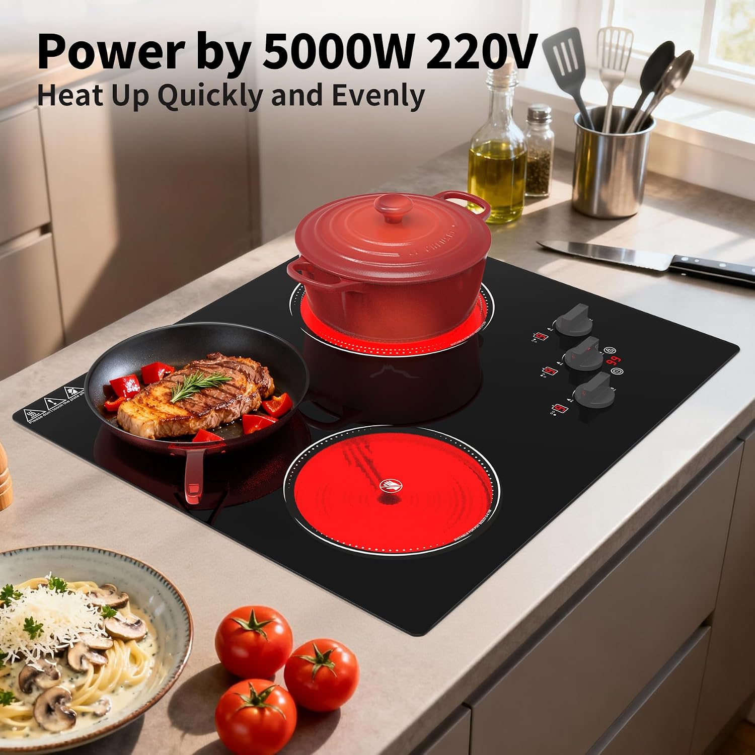 GIHETKUT Electric Cooktop, 220V 5000W Stove Top, 9 Power Levels, Kids Lock & Timer, Hot Surface Indicator, Overheat Protection,knob and touch control 3 Burner Electric cooktop