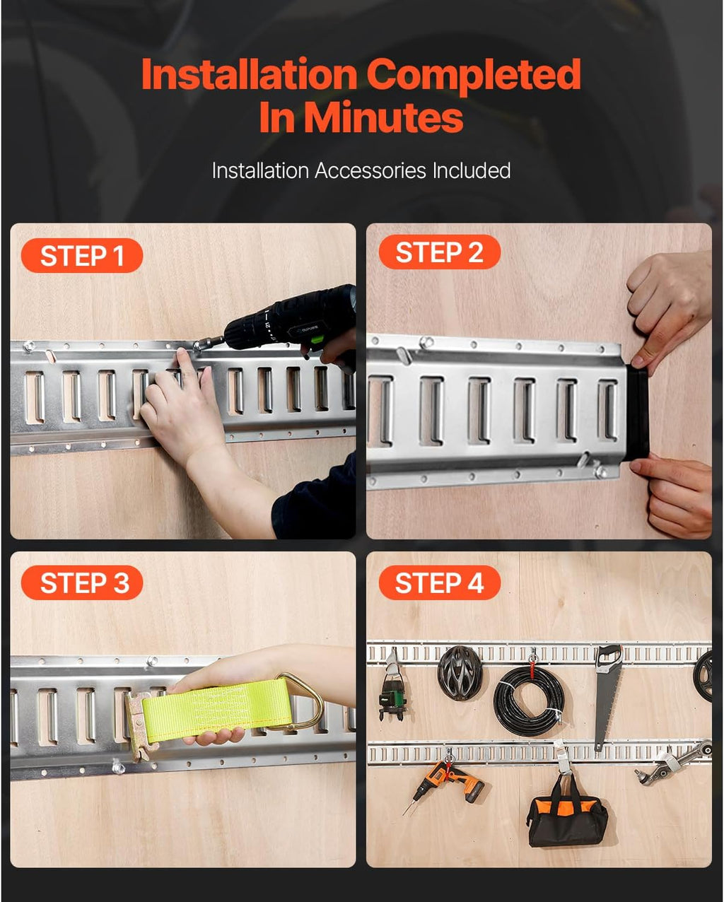 VEVOR E Track Tie-Down Rail Kit, 32PCS 5FT E-Tracks Set Includes 8 Steel Rails & 8 O Rings & 8 Tie-Offs with D-Ring & 8 End Caps, Securing Accessories for Cargo, Motorcycles, and Bikes