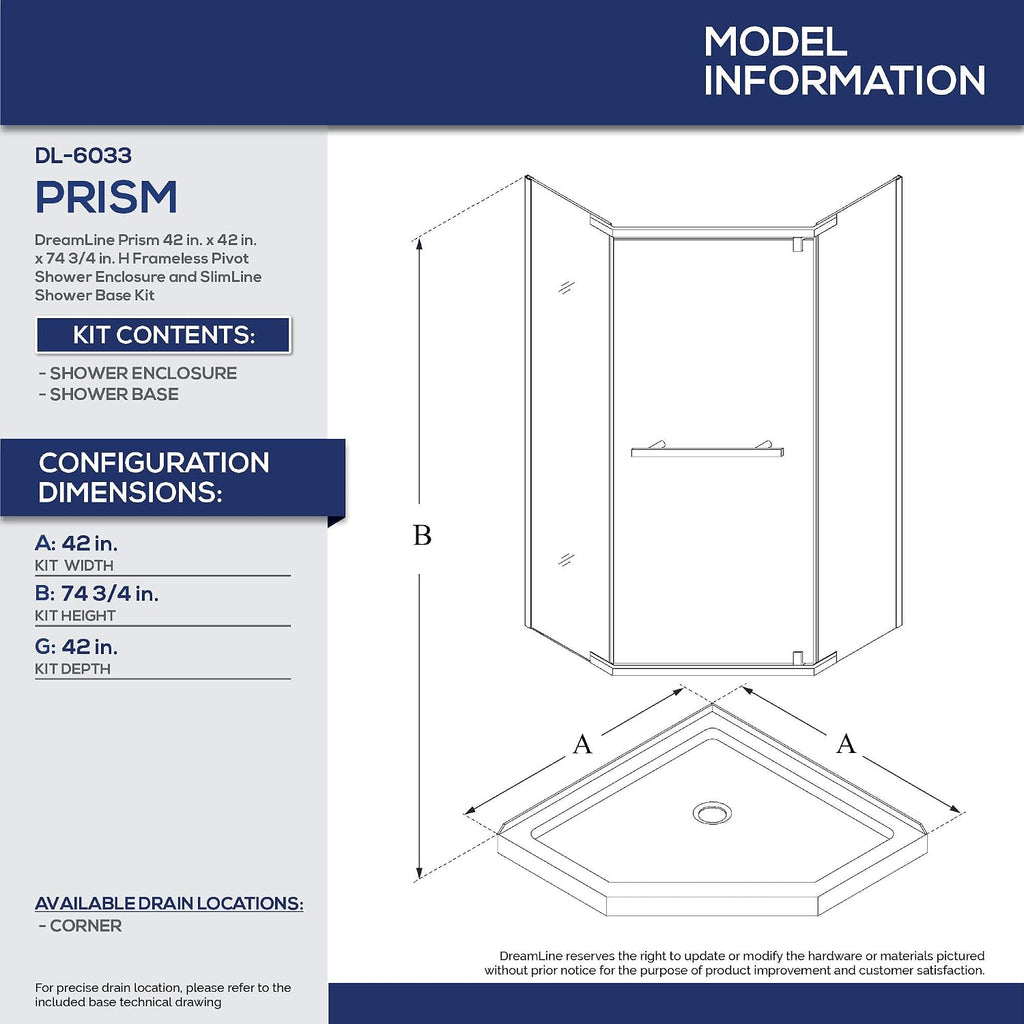 DreamLine Prism 42 inch D x 42 inch W x 74 3/4 inch H Frameless Neo-Angle Pivot Shower Enclosure in Matte Black with White Shower Base Kit