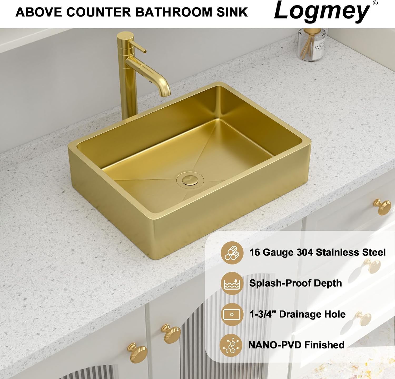 Logmey 16' Gold Shallow Bathroom Vessel Sink 16x12 Small Handmade 16 Gauge Stainless Steel Above Counter 4' Deep RV Bathroom Sink Rectangle Vessel Sinks with Pop up Drain Set