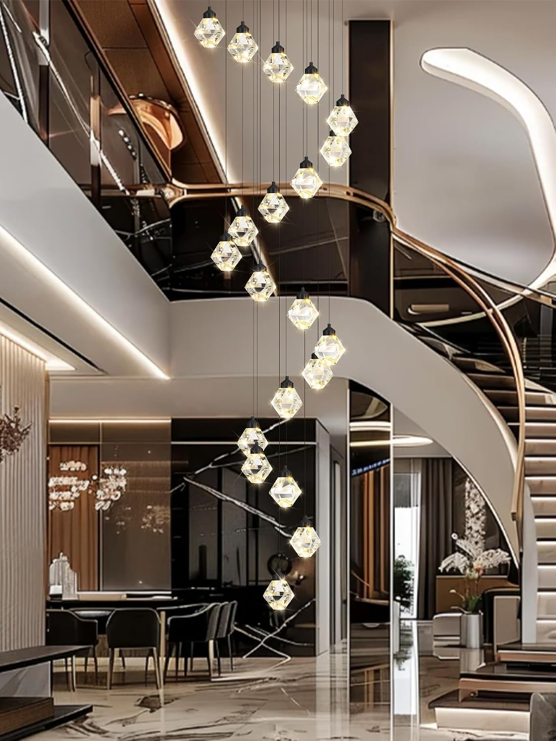 H142 Large Modern Black Crystal Chandelier, 26-Light High Ceiling Pendant Light Fixture for Staircase, Living Room, Foyer, Entryway