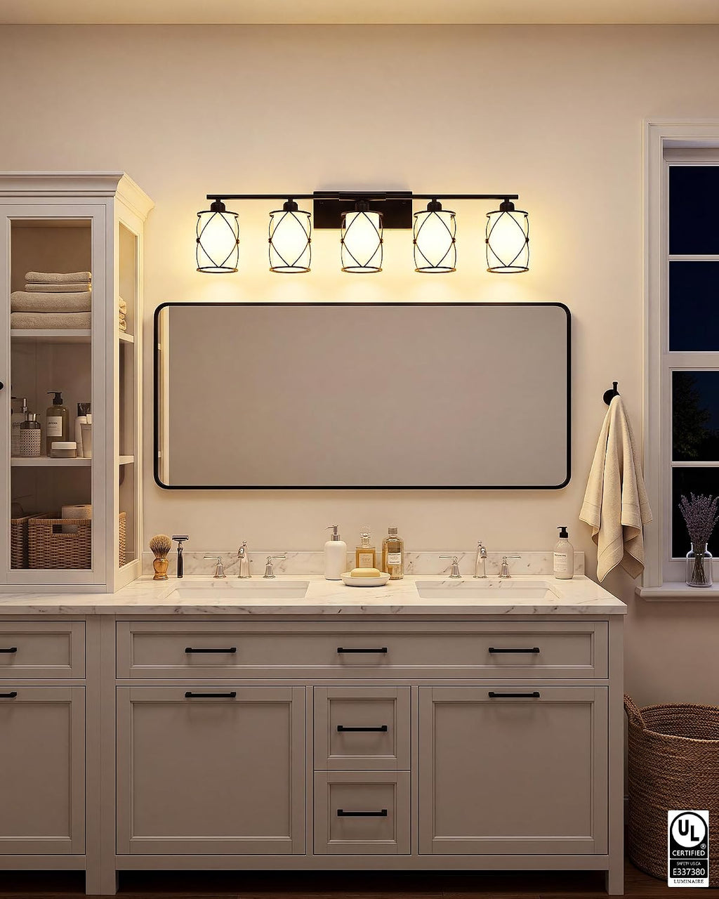 5-Light Matte Black Bathroom Light Fixtures Over Mirror, 38' UL-Listed Modern Farmhouse Wall Sconce Lights with Milk White Frosted Glass and Metal Cage for Bath, E26, CH9176BKW-5W