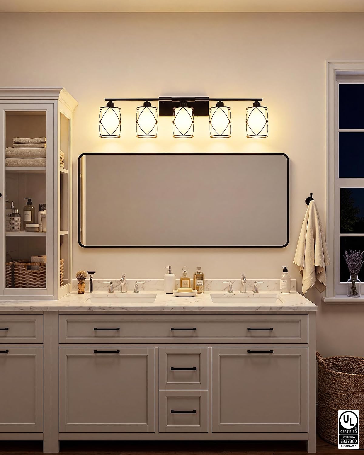 5-Light Matte Black Bathroom Light Fixtures Over Mirror, 38' UL-Listed Modern Farmhouse Wall Sconce Lights with Milk White Frosted Glass and Metal Cage for Bath, E26, CH9176BKW-5W