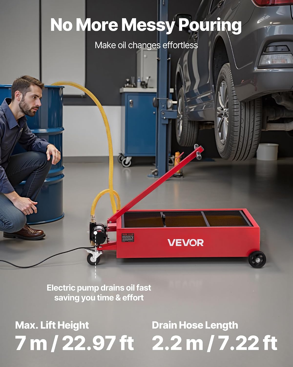 VEVOR Low Profile Oil Drain Pan, 17 Gal Capacity, Rolling Oil Drain Pan with 110V High-Flow Electric Pump, 7.2 ft Hose & T Folding Handle, Leak-Proof & Corrosion-Resistant, Fit for Trucks, ATVs, Red