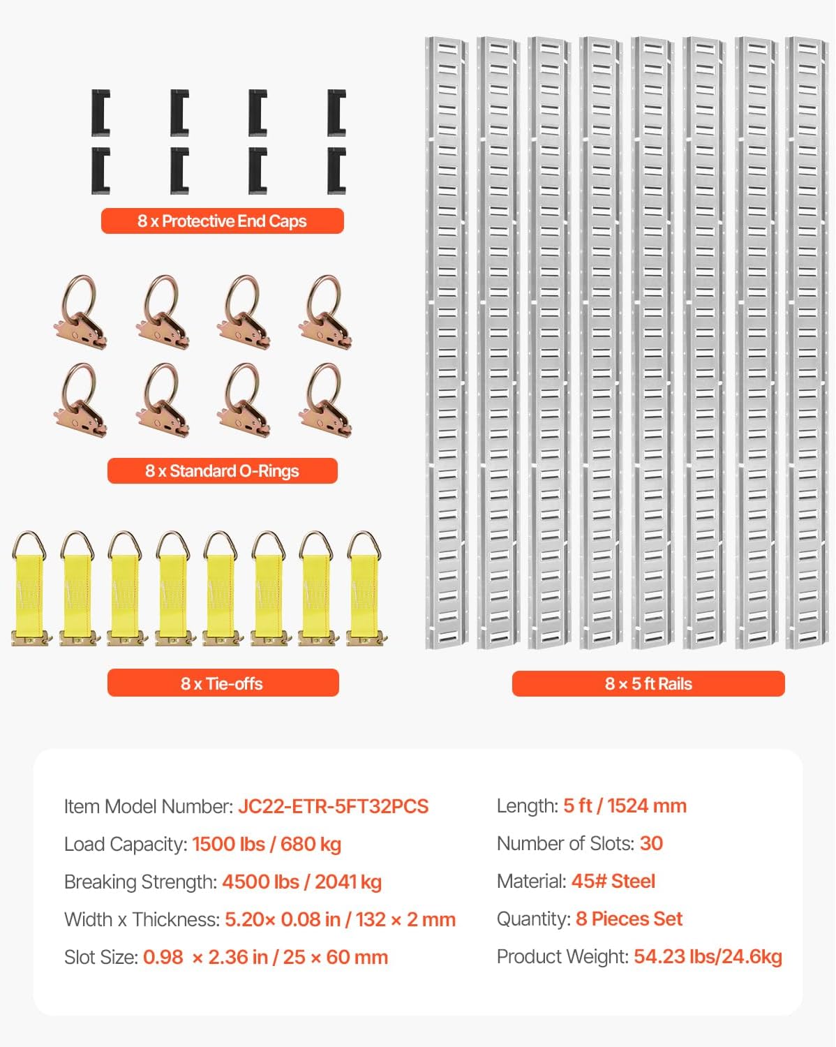 VEVOR E Track Tie-Down Rail Kit, 32PCS 5FT E-Tracks Set Includes 8 Steel Rails & 8 O Rings & 8 Tie-Offs with D-Ring & 8 End Caps, Securing Accessories for Cargo, Motorcycles, and Bikes