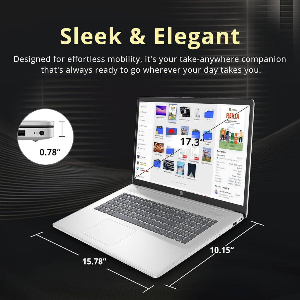 HP 17.3' Business Laptop Computer - with Office Lifetime License & External CD/DVD Drive, 17.3 inch FHD Display, Win 11 Pro, AMD 6-core Ryzen 5 7430U, 64GB RAM, 2TB SSD, Webcam, Wi-Fi 6