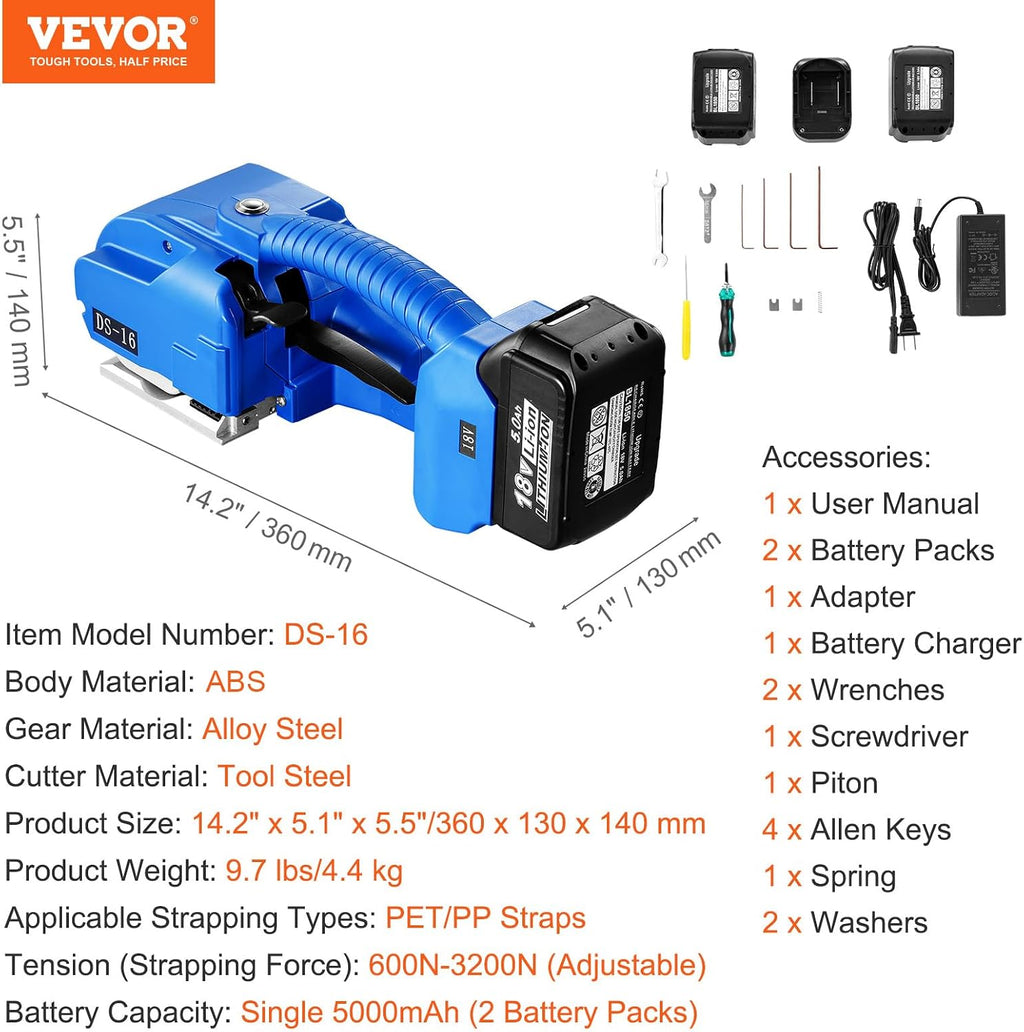VEVOR Electric Strapping Machine, for 0.35'-0.63' PP PET Straps, Portable Electric Banding Tool with Digital Display, 2 x 5000mAh Battery Powered Automatic Strapping Tool for Packaging Box Pallet