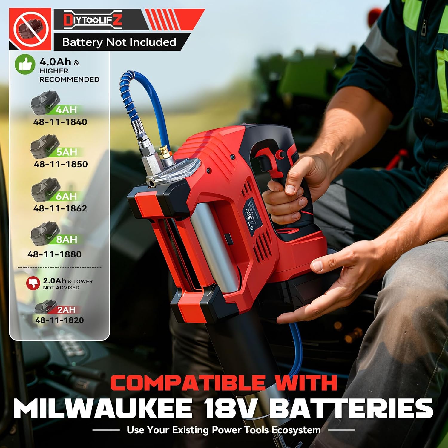 DIYtoolifz Cordless Grease Gun Compatible with Milwaukee 18V Battery, 12000PSI High Pressure, 3-Speed&Brushless Motor, 9oz/min Flow, 2-in-1 for Cartridge/Bulk Grease, 39.4'Hose&4 Couplers(Tool Only)