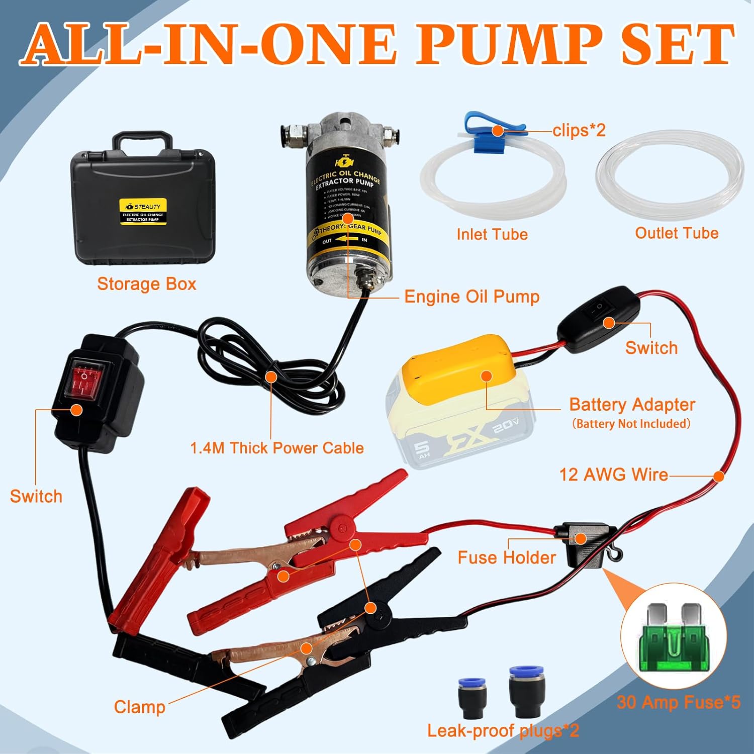 12V/24V 100W Portable Oil Extractor Pump Set, All-in-One Oil Transfer Pump with Yellow Battery Adapter Compatible with DEWALT 20V/18V Battery, Fluid Transfer for Home Business Farm Boat