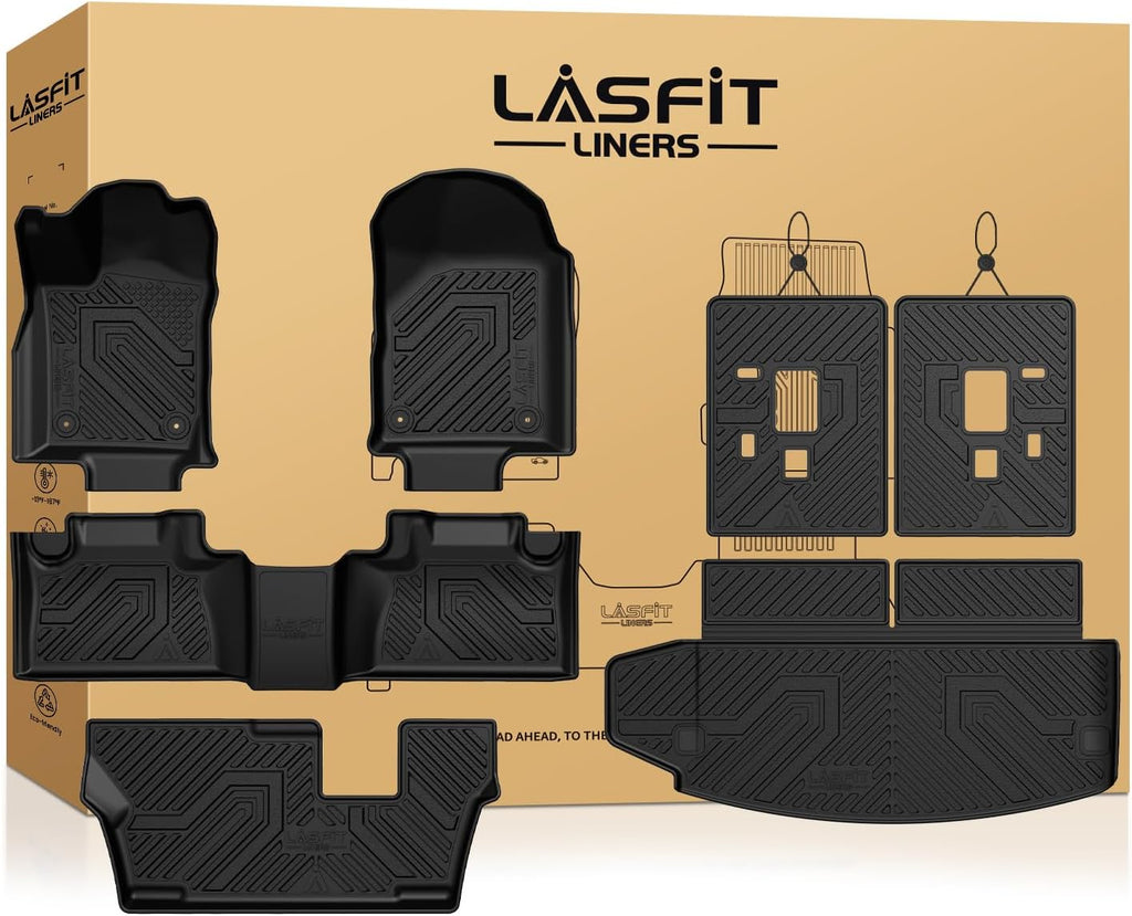LASFIT Floor Mats&Trunk Mat&Backrest Mats for Dodge Durango 2013-2026, Fit 2nd Row Bench Seat(7seats), Not for 2nd Row Bucket Seat(6seats/5 Seats), All Weather TPE Custom Fit Cargo Liner, Black