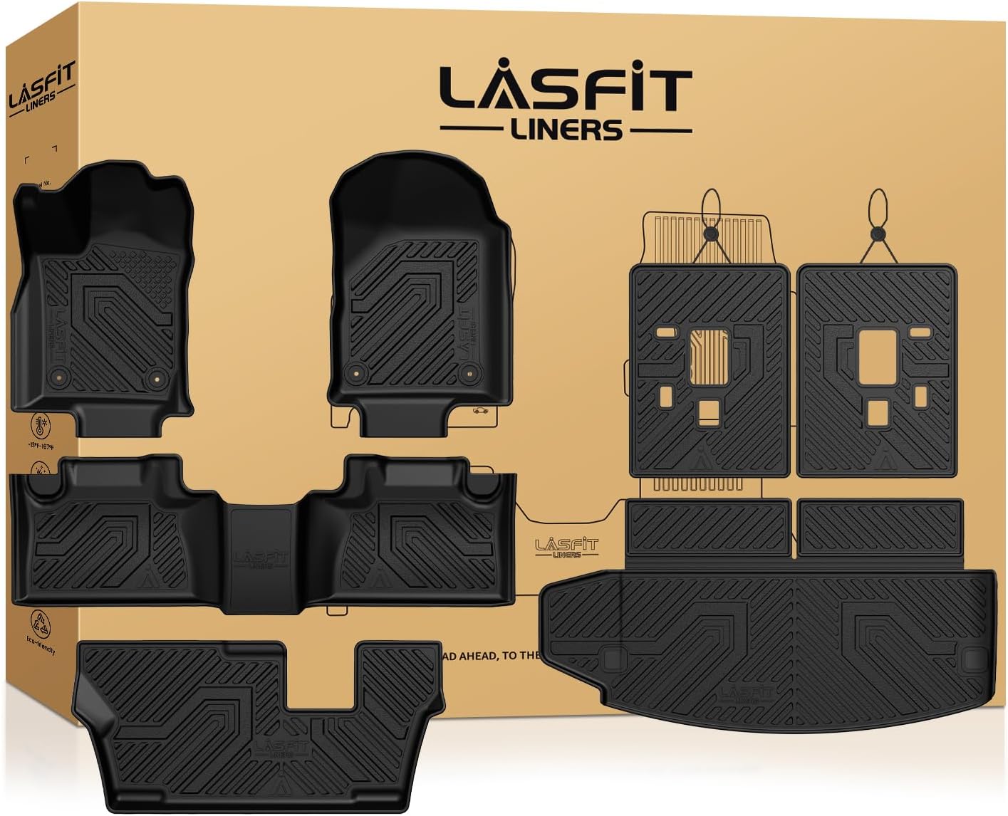 LASFIT Floor Mats&Trunk Mat&Backrest Mats for Dodge Durango 2013-2026, Fit 2nd Row Bench Seat(7seats), Not for 2nd Row Bucket Seat(6seats/5 Seats), All Weather TPE Custom Fit Cargo Liner, Black
