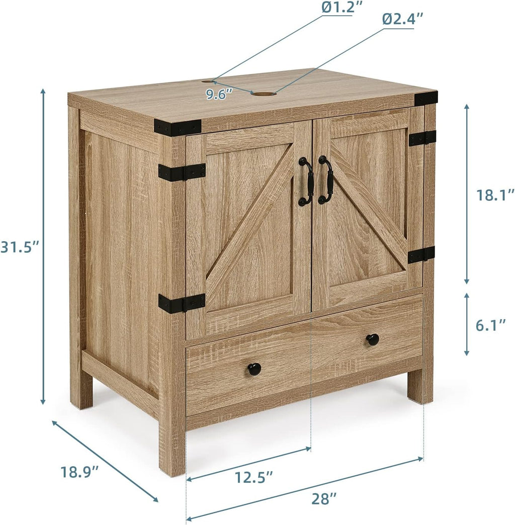 28 inch Natural Color Bathroom Vanity, Rustic Fixture Standing Pedestal Cabinet with Black Ceramic Vessel Sink