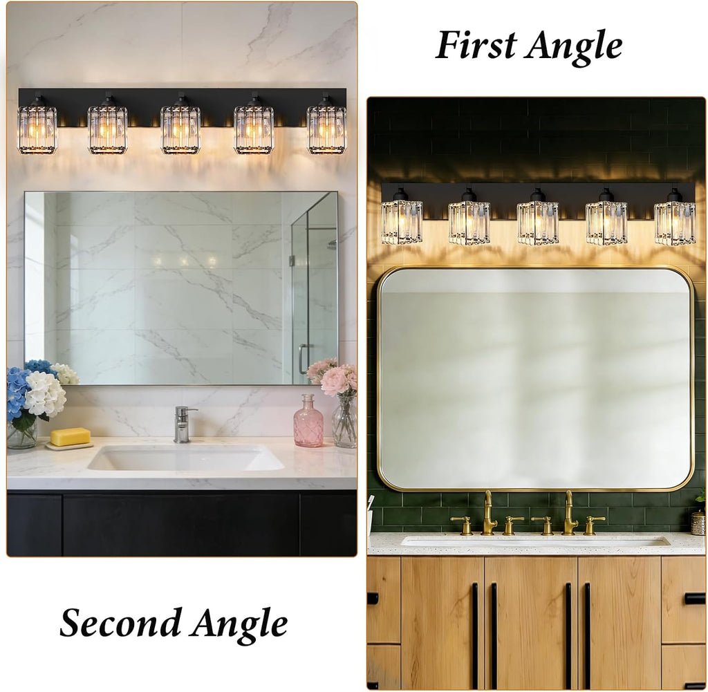 Black Crystal Bathroom Vanity Light, 5-Light Modern Bathroom Lighting Fixtures Over Mirror, Matte Black Wall Sconce Light Fixtures with Square Shade