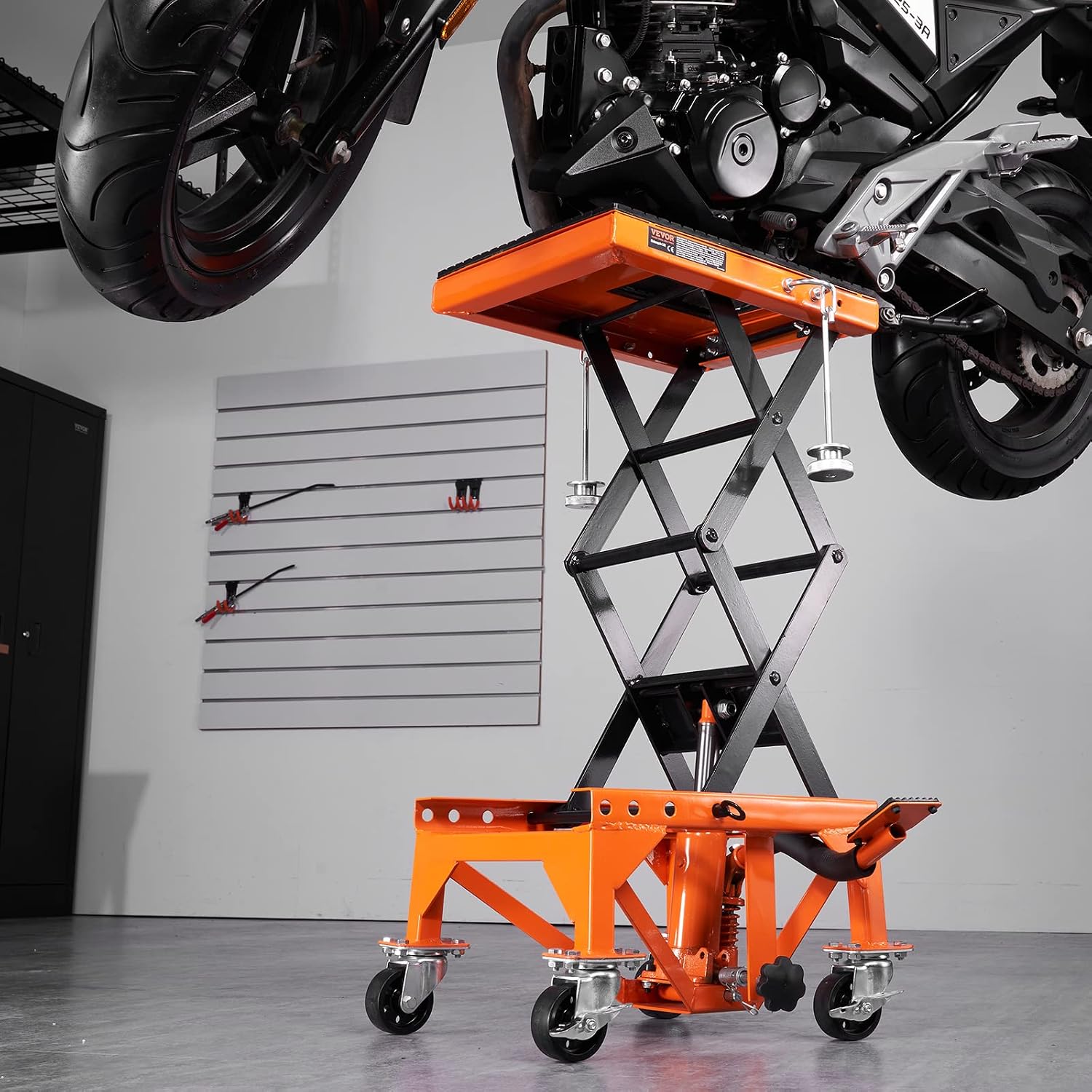VEVOR Hydraulic Motorcycle Lift Table, 350 lbs Capacity Motorcycle Scissor Jack Lift with Wide Deck, J-Hooks, 4 Wheels, Hydraulic Foot-Operated Jack Stand for ATV Dirt Bikes