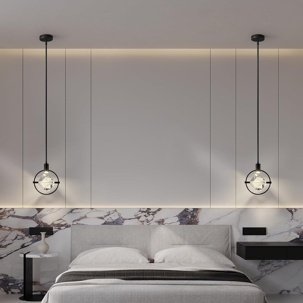 Modern Crystal Pendant Light in Black Mini Dimmable Integrated LED Light Fixtures Metal Rod Ceiling Black Chandelier for Kitchen Island Bedroom Dining Room Bar(1-Lights)