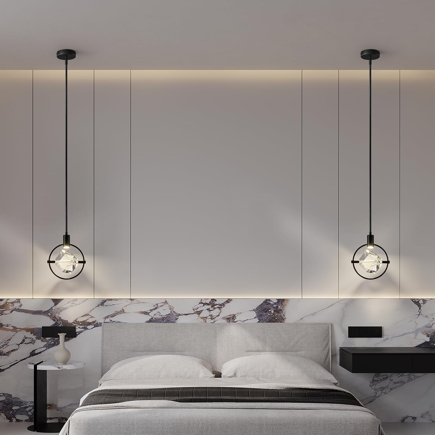 Modern Crystal Pendant Light in Black Mini Dimmable Integrated LED Light Fixtures Metal Rod Ceiling Black Chandelier for Kitchen Island Bedroom Dining Room Bar(1-Lights)