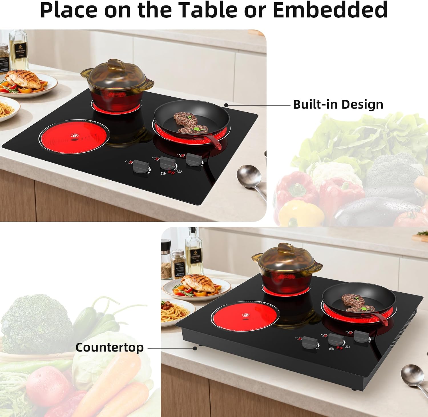 GIHETKUT Electric Cooktop, 220V 5000W Stove Top, 9 Power Levels, Kids Lock & Timer, Hot Surface Indicator, Overheat Protection,knob and touch control 3 Burner Electric cooktop