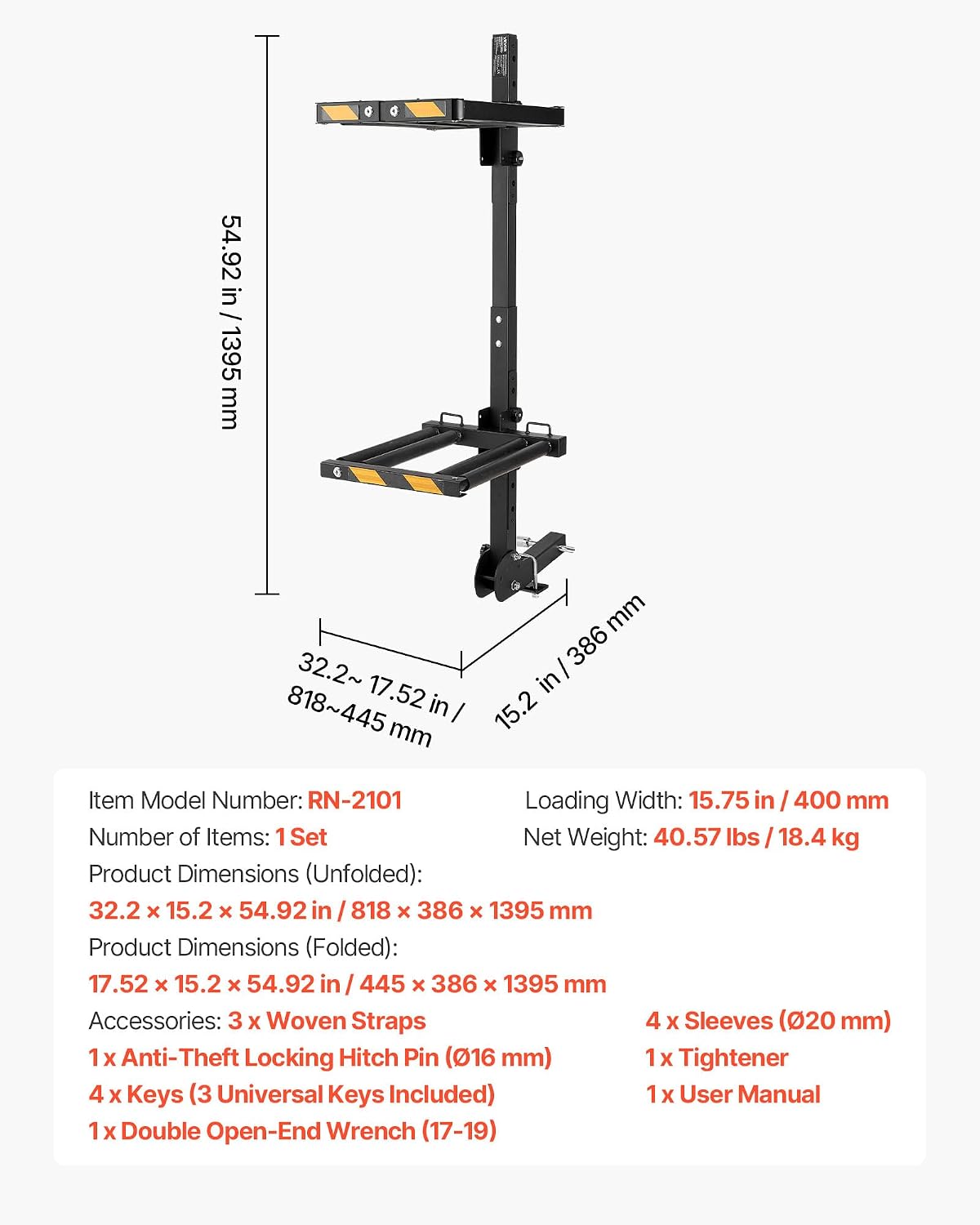VEVOR Folding Hitch Mounted Ski & Snowboard Rack, Fits 2-Inch Receiver, Carries up to 6 Pairs of Skis or 4 Snowboards, Adjustable Hitch-Mounted Rack for Car with Key Lock, Security Strap, Tilt Access