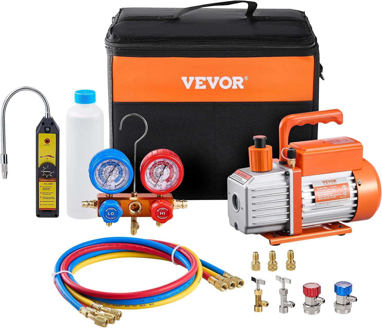 VEVOR 4.5 CFM AC Vacuum Pump and Gauge Set, Single Stage Rotary Vane HVAC Air Vacuum Pump, A/C Refrigerant Manifold Gauge Kit, with Leak Detector Hoses, for R134a, R12, R22, R502a, R410A, R404, R407C