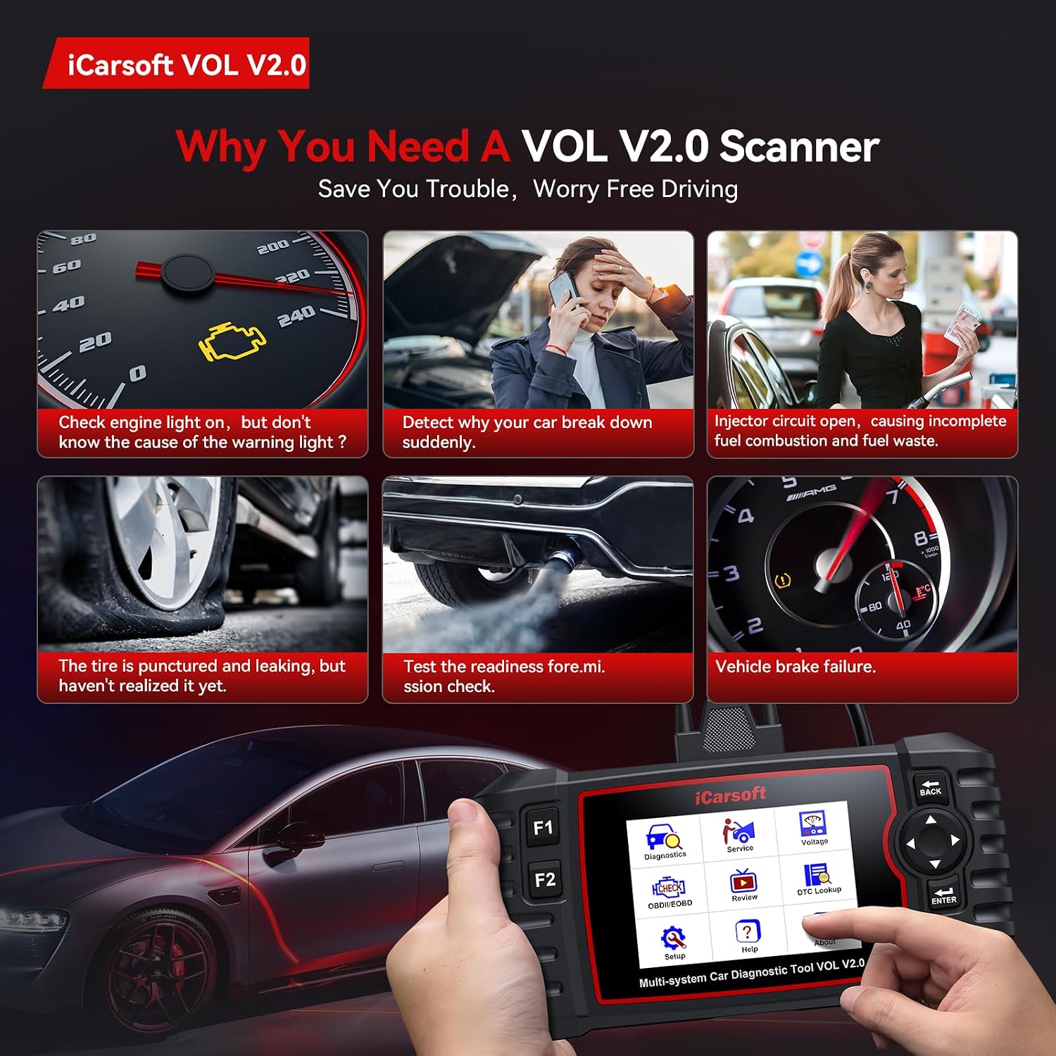 iCarsoft VOL V2.0 OBD2 Scanner for Volvo/SAAB, Auto in-Depth Full Systems Scan OBD2 Diagnostic Tool, 118 Graph Data/Battery Test/Reset, ABS SRS Engine Transmission Code Reader