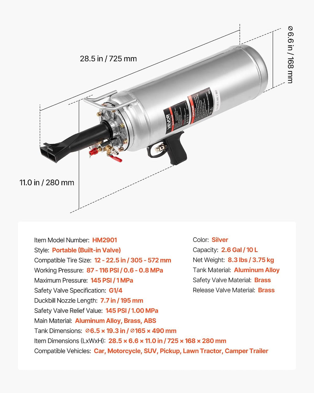 VEVOR Portable Tire Bead Seater, 2.6 Gal/10 L Air Bead Blaster, Handheld Tire Inflator Tool, 87-116 PSI Operating Pressure, Trigger Seating Inflator for Car, Compact SUV, Light Truck, E-Bike, RV, ATV