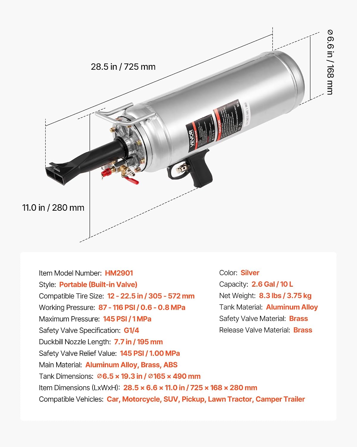 VEVOR Portable Tire Bead Seater, 2.6 Gal/10 L Air Bead Blaster, Handheld Tire Inflator Tool, 87-116 PSI Operating Pressure, Trigger Seating Inflator for Car, Compact SUV, Light Truck, E-Bike, RV, ATV