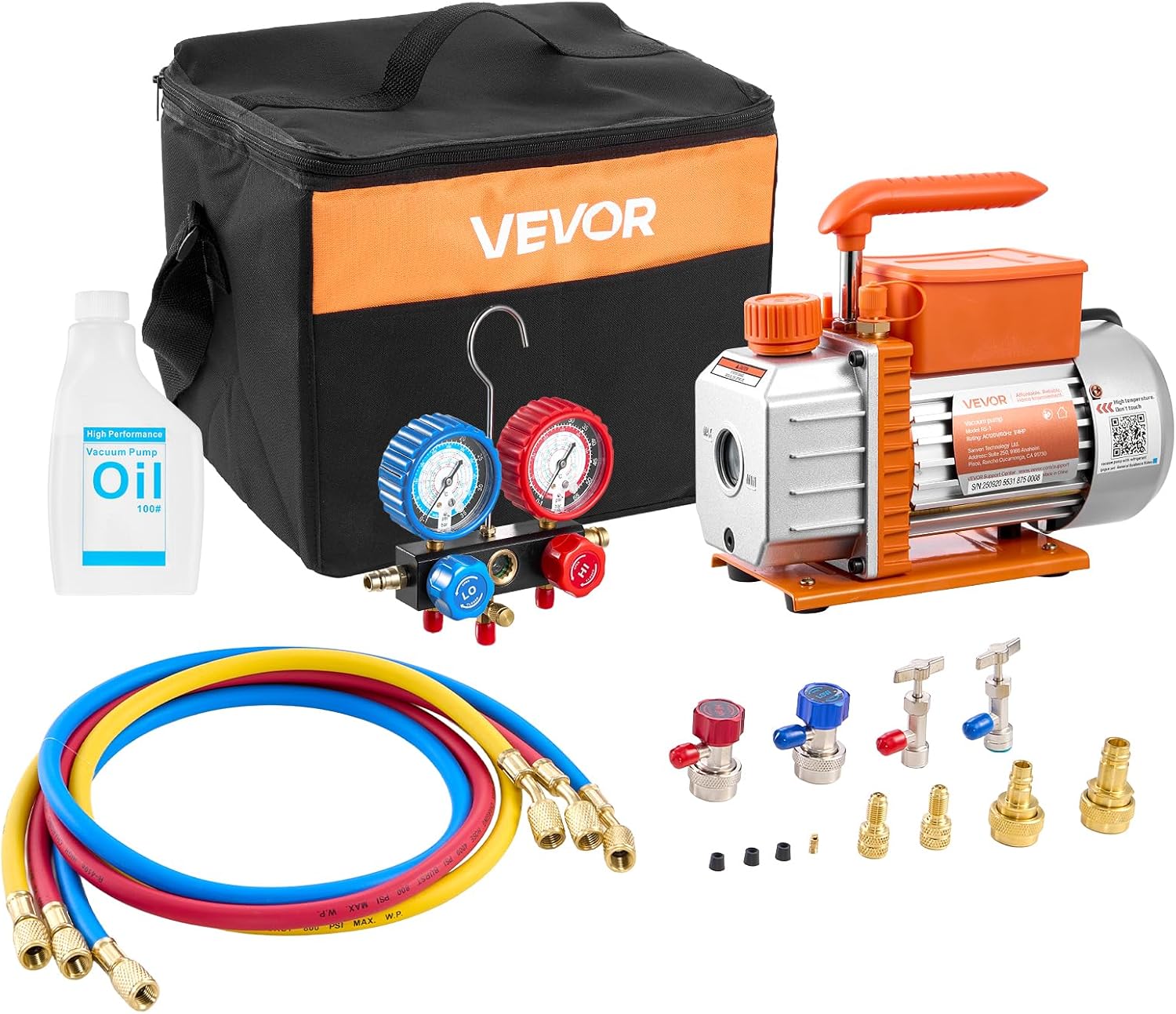 VEVOR AC Vacuum Pump and Gauge Set, 3.5 CFM 1/4 HP, Single Stage Rotary Vane HVAC Vacuum Pump, A/C Manifold Gauge Kit, for R134a R22 R410a R1234YF R32, with Carry Bag, for Auto HVAC Air Conditioning