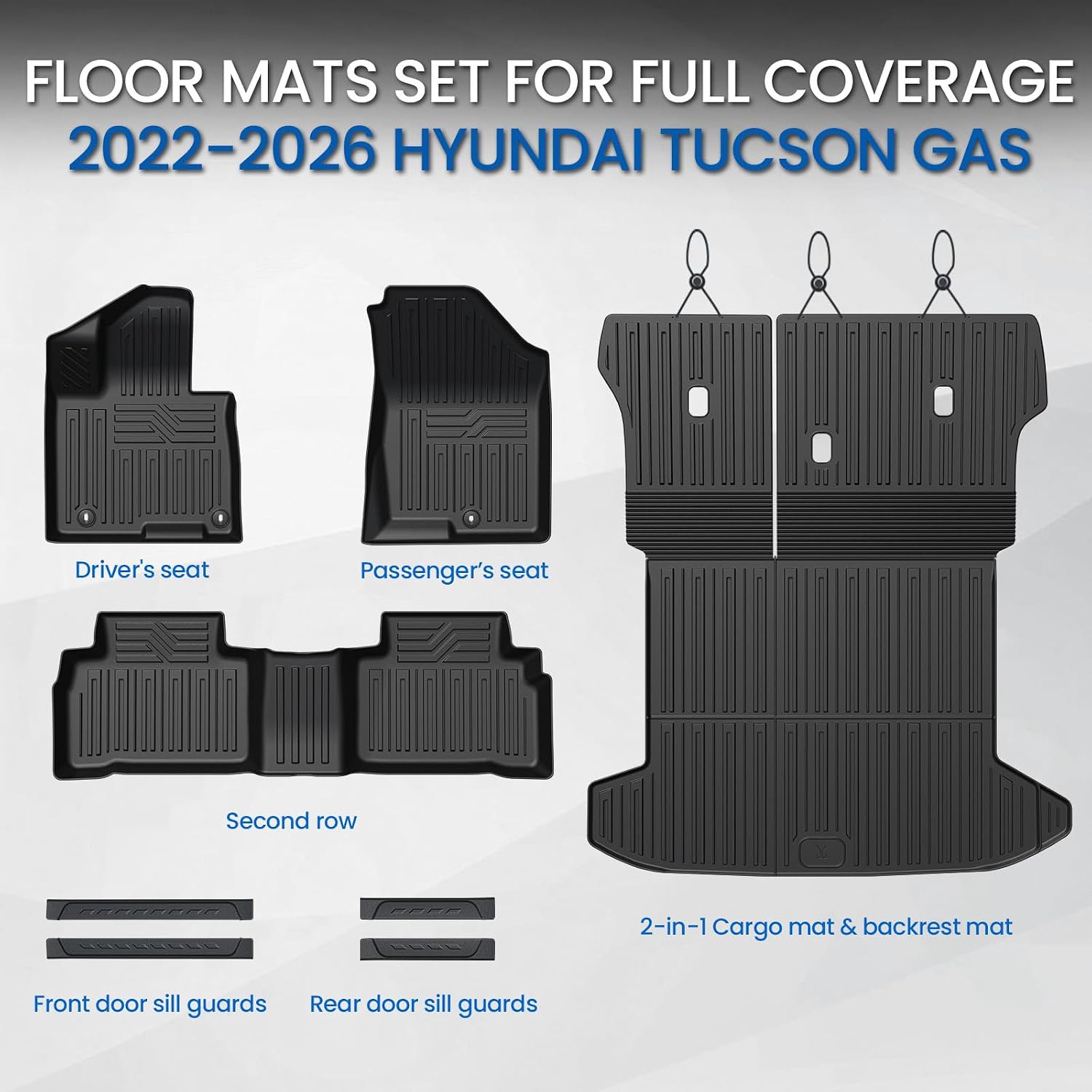 Floor Mats Set for Hyundai Tucson 2022-2025 2026 Gasoline Version (Not fit Hybrid), All Weather TPE Cargo Liner Backrest Mat Trunk Mat Door Sill Guards Accessories